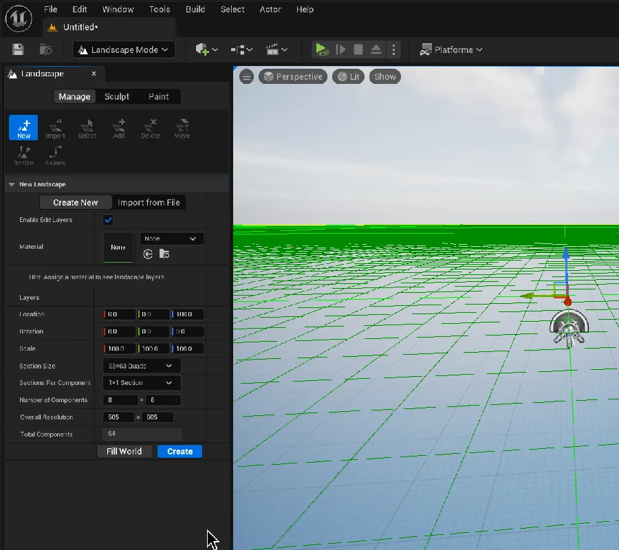 Create Landscape panel showing settings